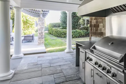 a garden view with a seating space