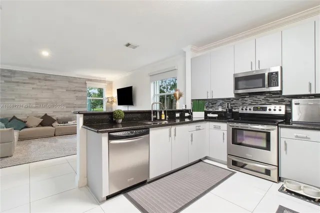 a kitchen with cabinets and stainless steel appliances