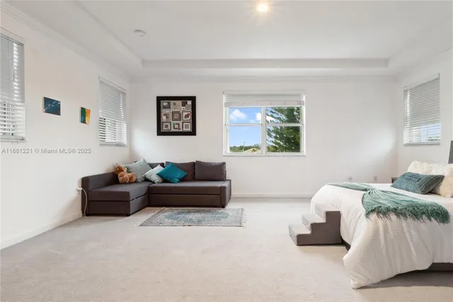 a aerial view of a house with a yard and potted plants