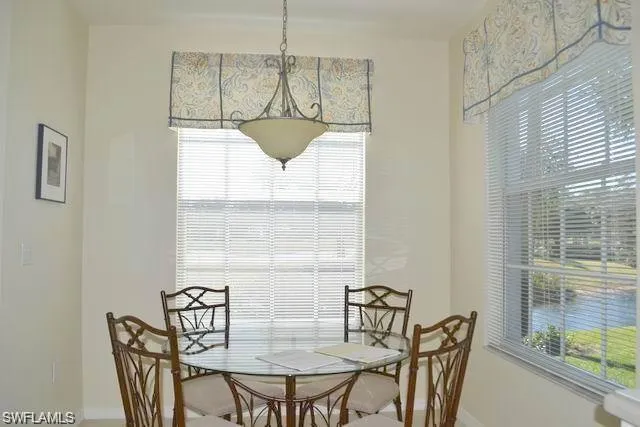 a view of a dining room with furniture window and outside view