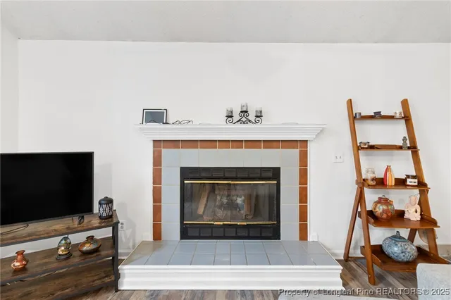 a living room with furniture and a fireplace
