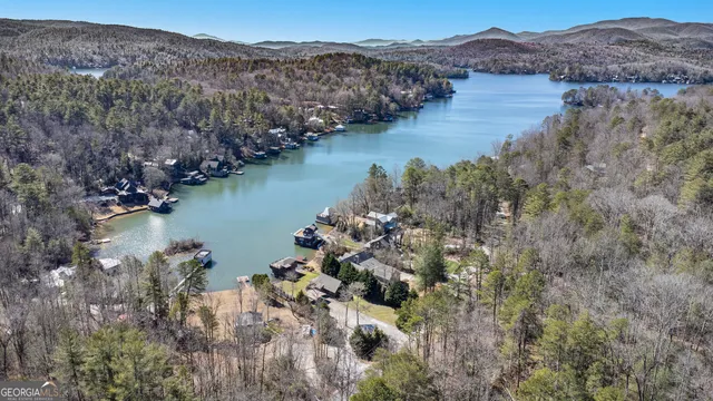 a view of a lake with mountain in the background