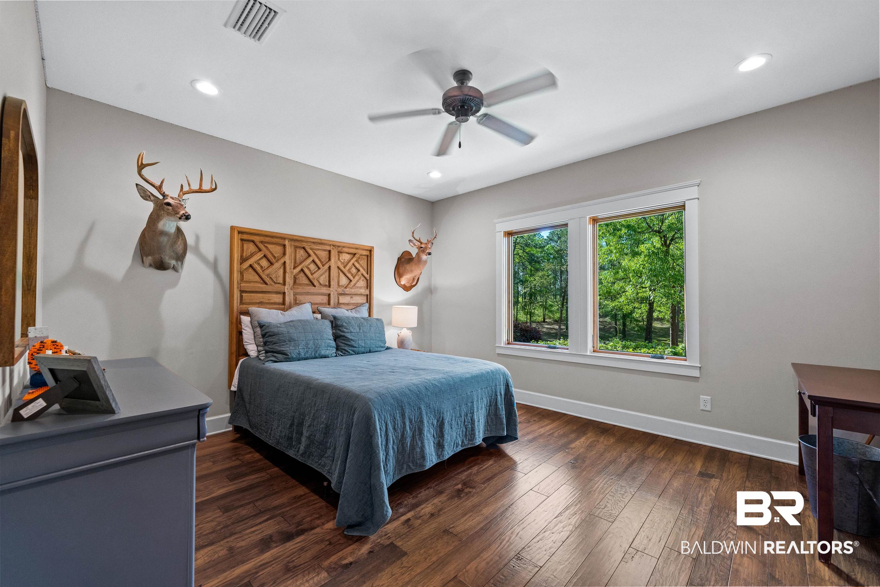 47252 Emmons Road Bay Minette, AL 36507 - Photo 26 of 50 Bedroom featuring dark wood finished floors, ceiling fan, and recessed lighting