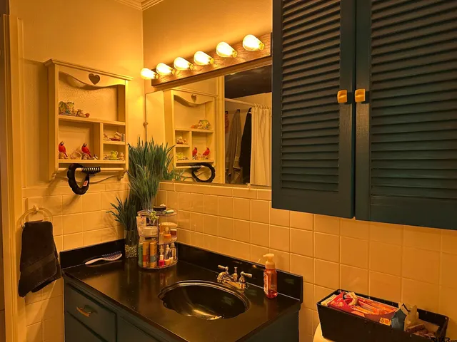 a bathroom with a sink and a mirror