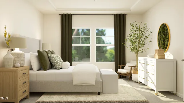 a spacious bedroom with a bed and a night stand