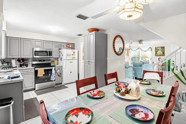 a view of a dining room with furniture