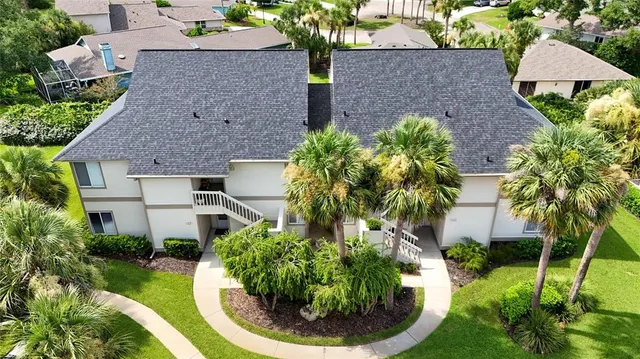 a aerial view of a house with a yard and potted plants