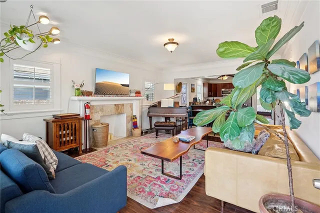 a living room with furniture a couch and a potted plant