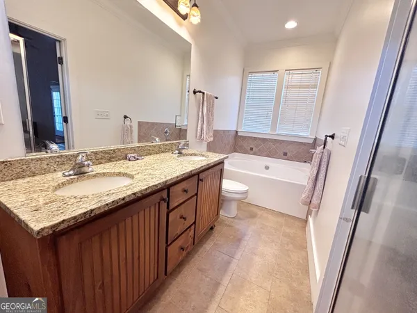 a bathroom with a sink double vanity granite tub shower and a mirror