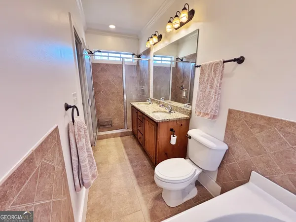 a bathroom with a sink a toilet a mirror a vanity and shower