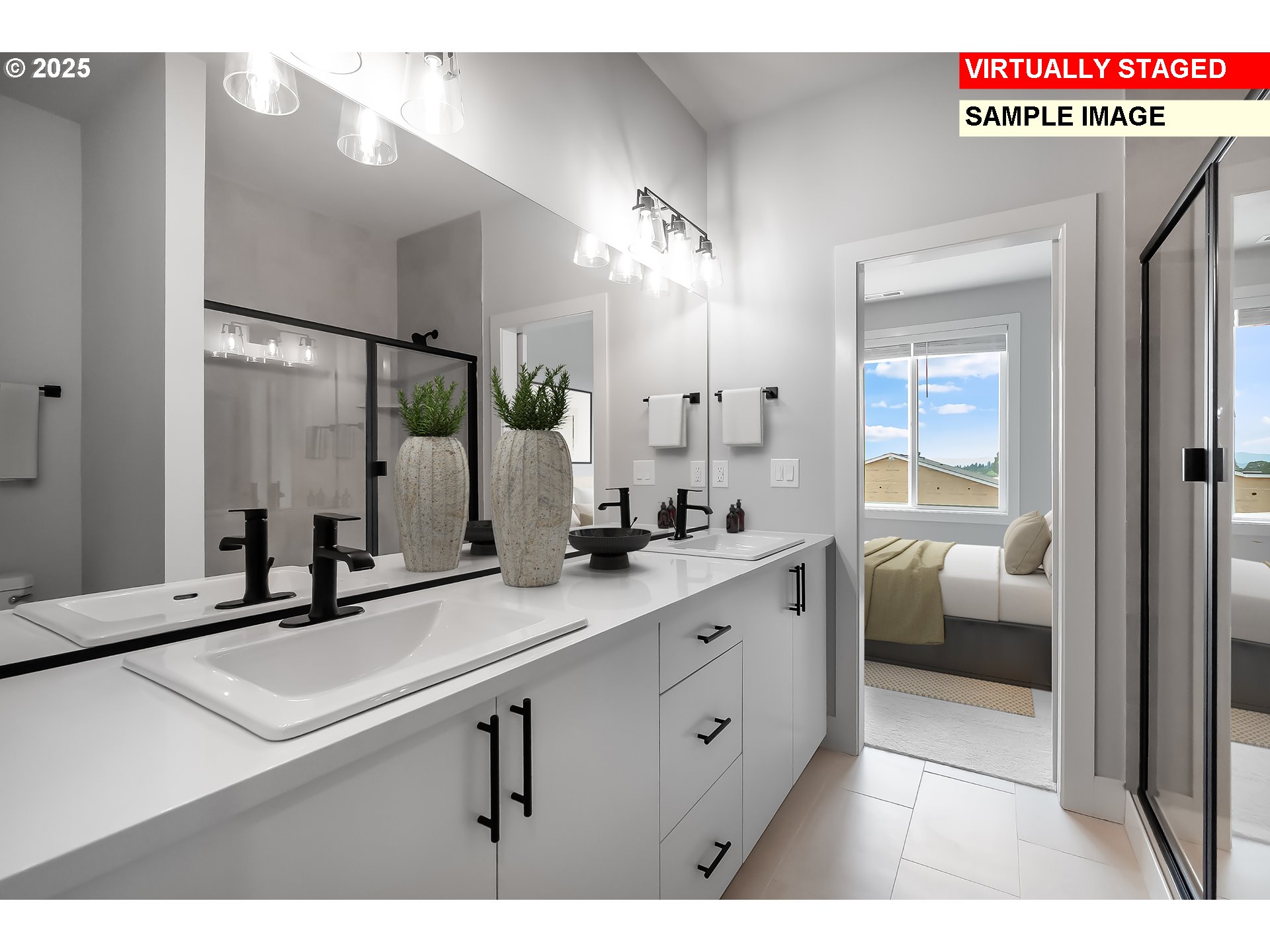 18620 Southwest Solitude Street Beaverton, OR 97007 - Photo 21 of 29 a bathroom with a sink a mirror and a view of living room