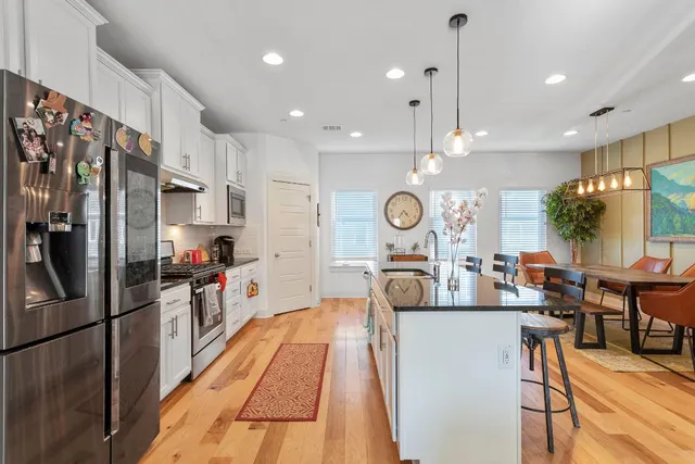 a view of a kitchen and dining room