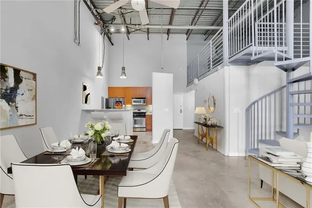 a view of a dining room with furniture