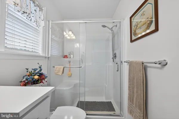a bathroom with a sink toilet vanity and shower