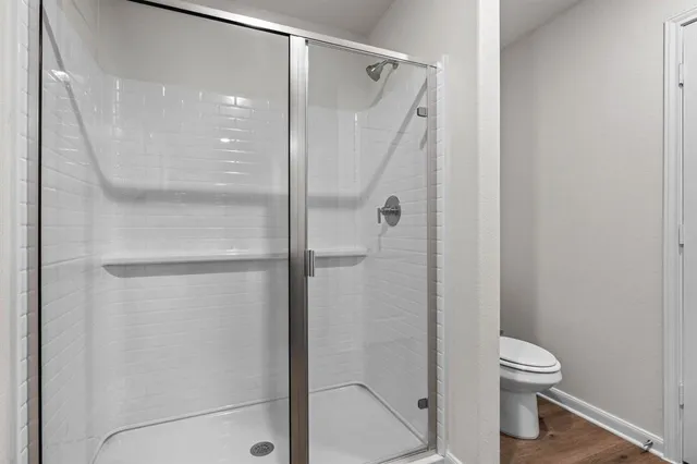 a bathroom with a shower and a toilet