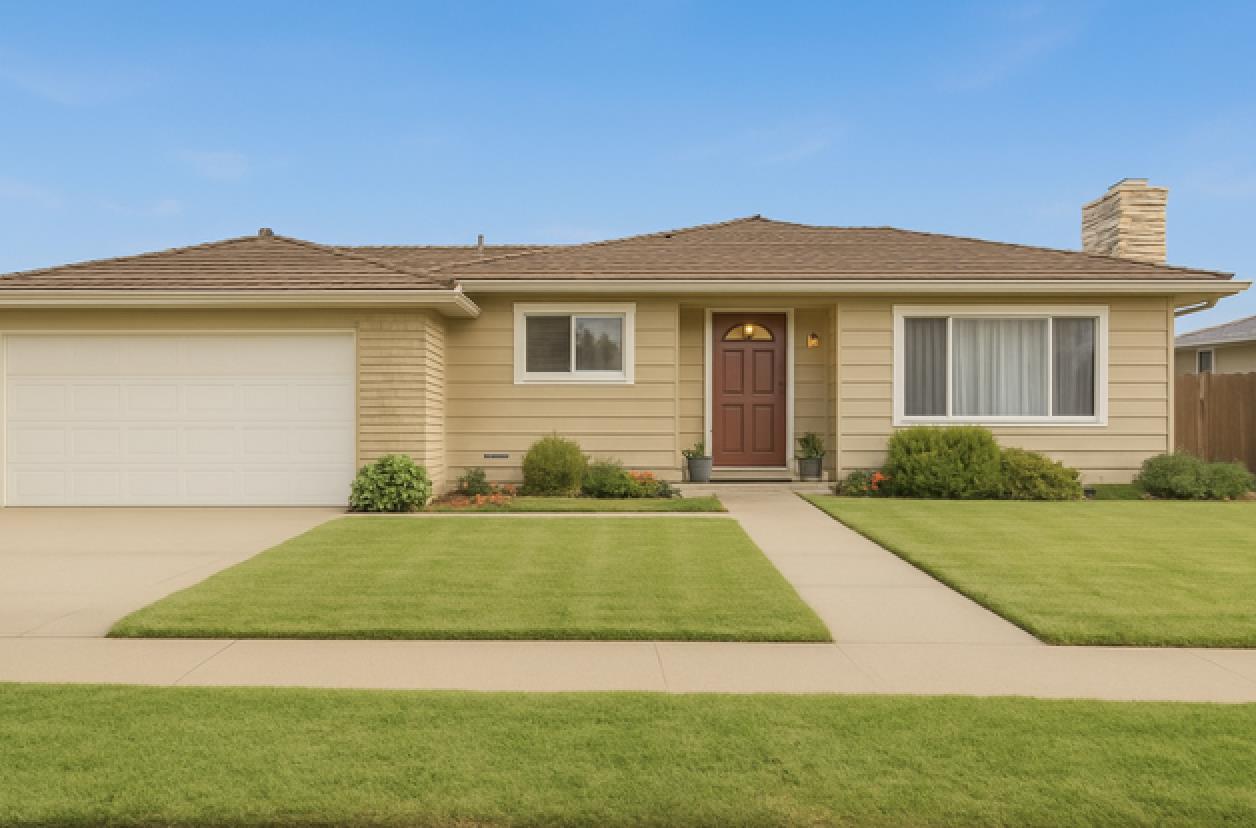 a view of a house with a yard and potted plants