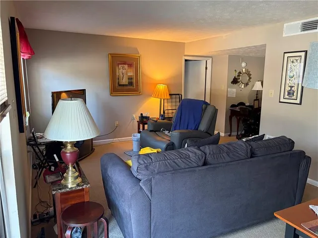 a living room with furniture and a lamp