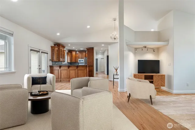 a bathroom with a shower and a mirror