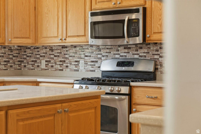 1001 Pine Valley Road Pine Valley, UT 84781 - Photo 20 of 49 Kitchen with stainless steel appliances, light countertops, and decorative backsplash