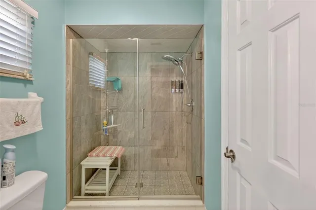 a bathroom with a shower and toilet