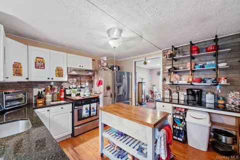 a kitchen that has a lot of cabinets and refrigerator