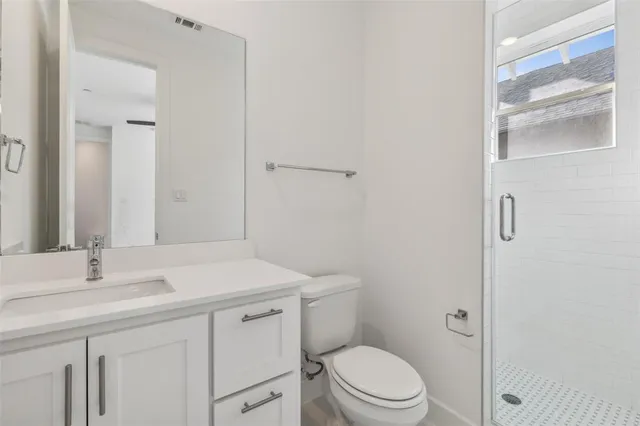 a bathroom with a sink toilet vanity and shower