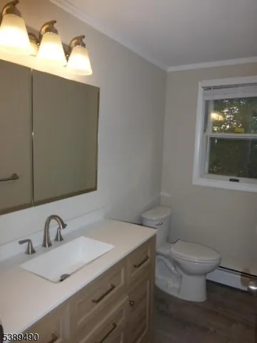 a bathroom with a granite countertop toilet a sink and mirror