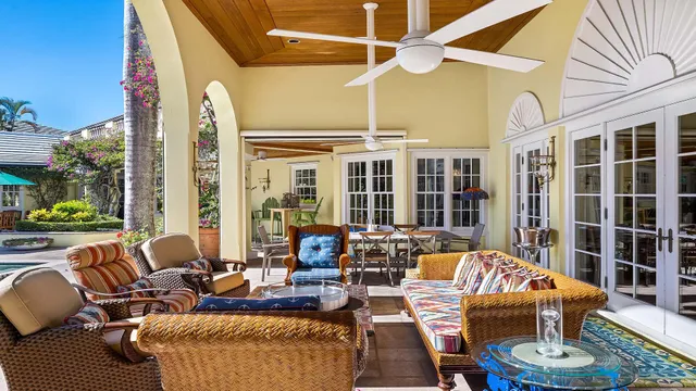 a building outdoor space with patio furniture