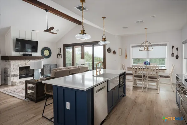 a view of a dining room with furniture