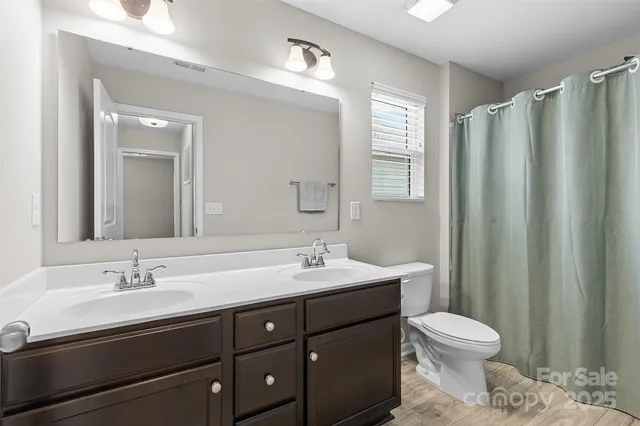 a bathroom with a double vanity sink toilet and a mirror