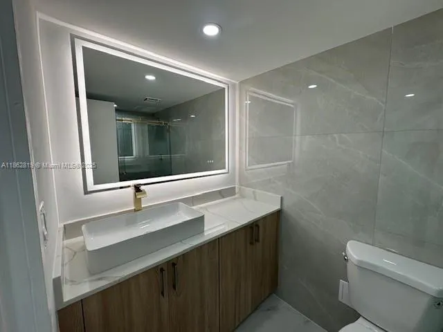 a bathroom with a sink mirror vanity and toilet