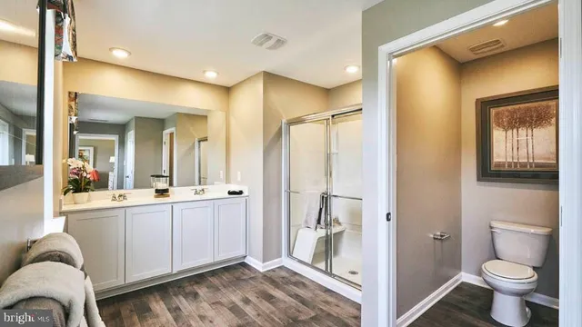 a bathroom with a double vanity sink mirror and toilet