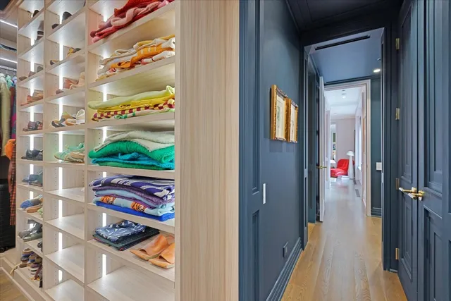 a view of a city from a hallway