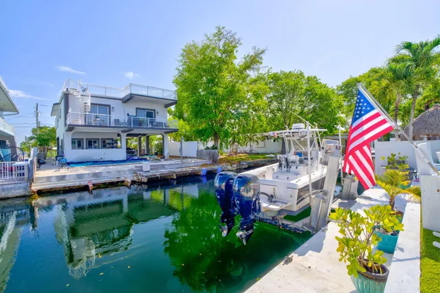 a aerial view of a house with a yard and potted plants