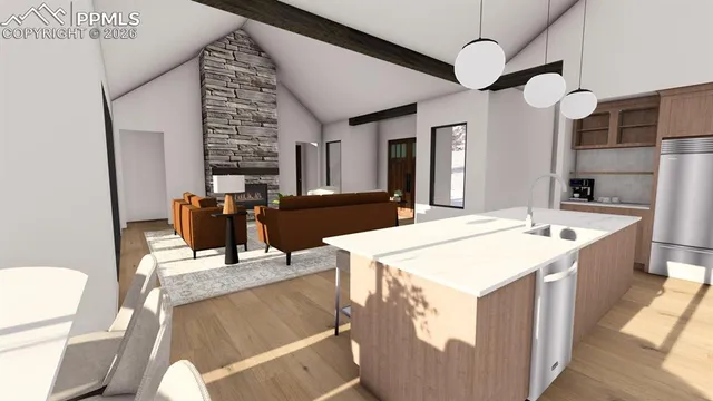 a view of kitchen with granite countertop living room