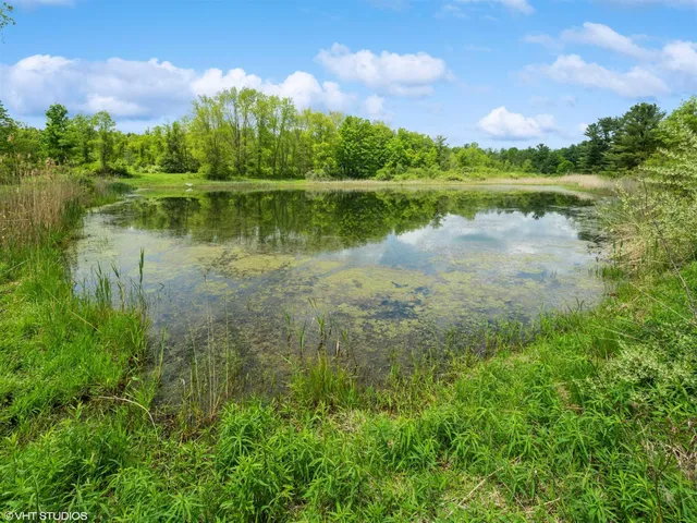a view of a lake with houses in the back