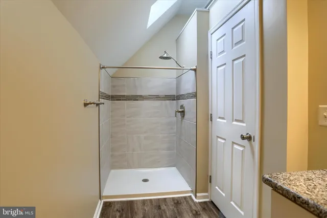 a bathroom with a granite countertop shower and a sink