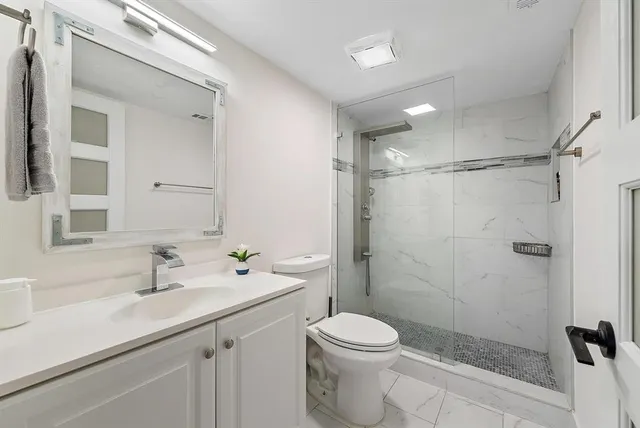 a bathroom with a sink a toilet a shower and a mirror