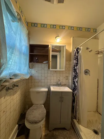 a bathroom with a sink a toilet and shower