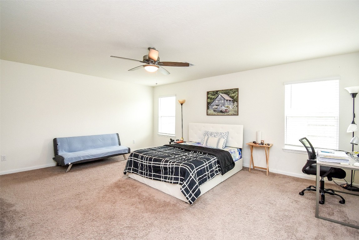 5912 Whitewing Road Rosenberg, TX 77469 - Photo 17 of 25 Spacious primary bedroom with abundant natural light, cozy ambiance, and versatile layout for relaxation and productivity.
