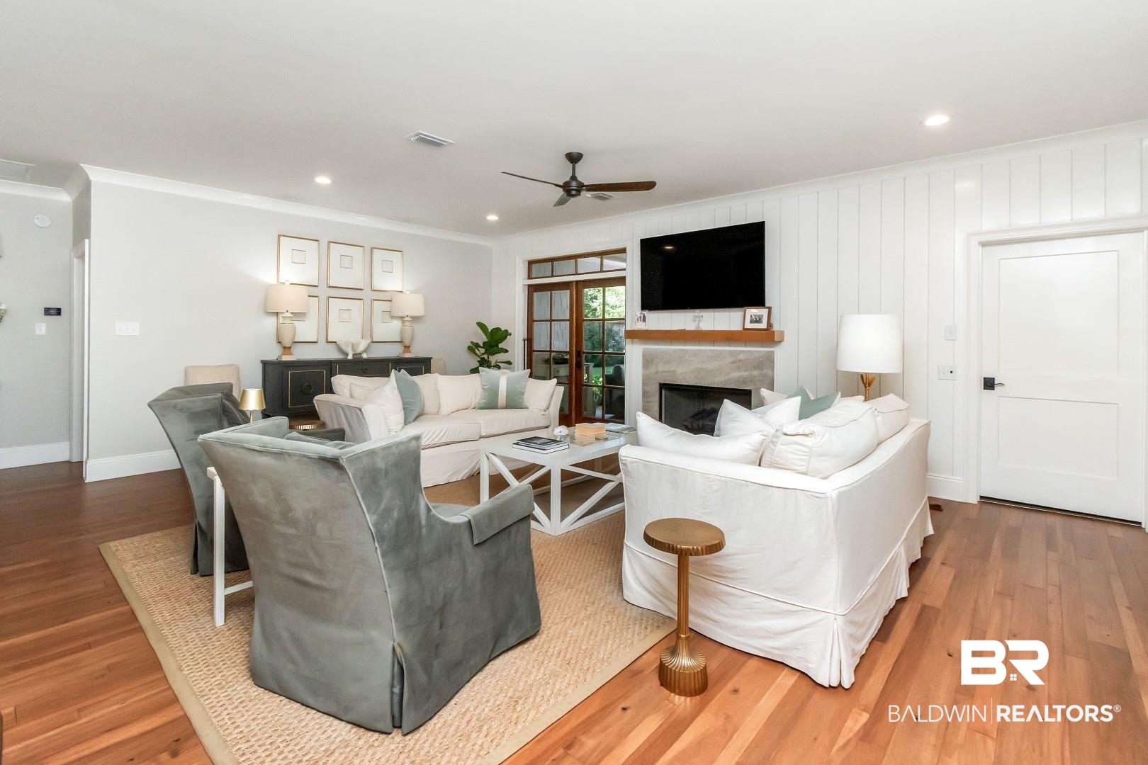 4404 Stein Street Mobile, AL 36608 - Photo 6 of 50 Living room featuring recessed lighting, crown molding, a ceiling fan, a fireplace, and wood finished floors