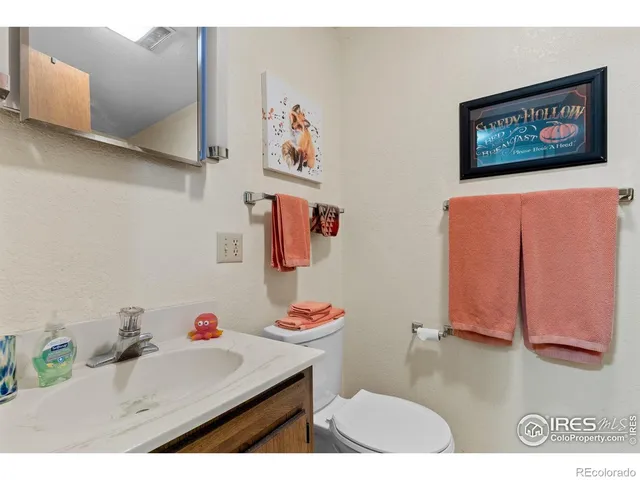 a bathroom with a sink mirror vanity and toilet