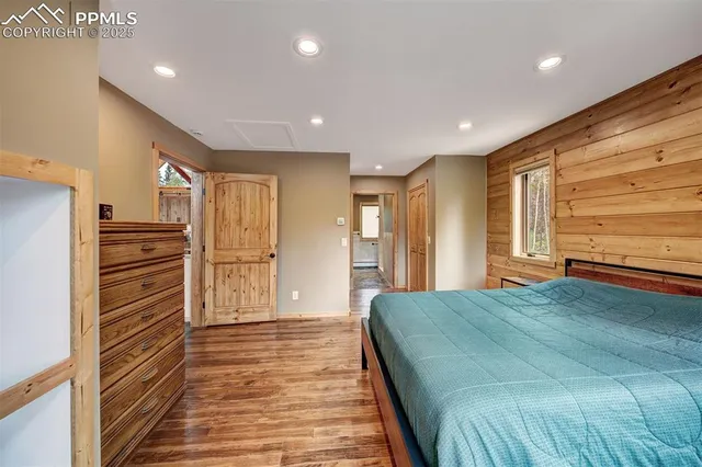 a view of a bedroom with wooden floor and closet