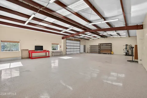 a view of a garage with storage