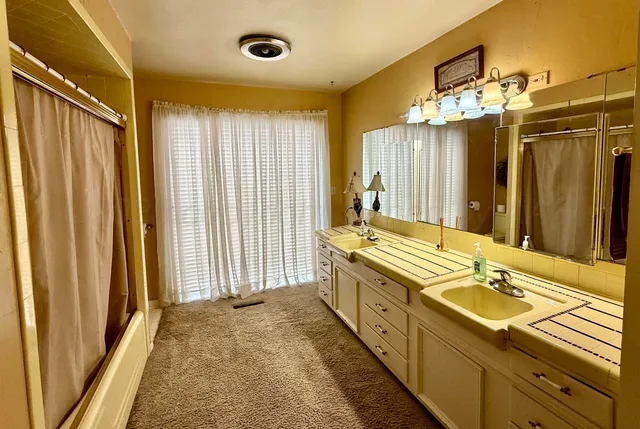 a spacious bathroom with a double vanity sink mirror and shower