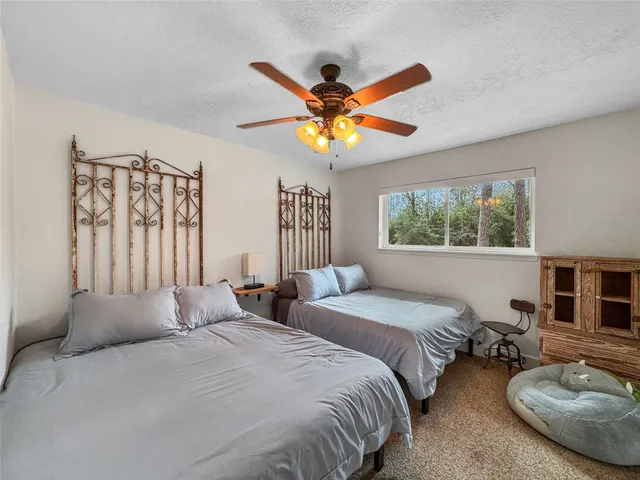 a bedroom with two beds and a chandelier