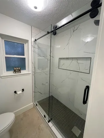 a bathroom with a shower and toilet