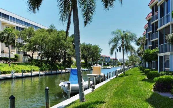 a view of a lake with a garden