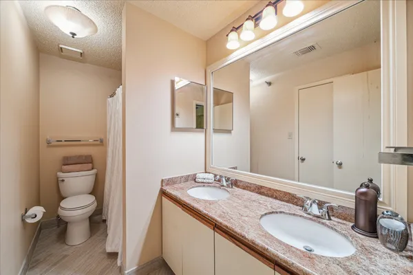 a bathroom with a granite countertop sink a toilet and a mirror