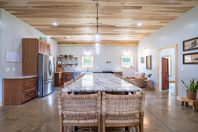 an aerial view of a swimming pool